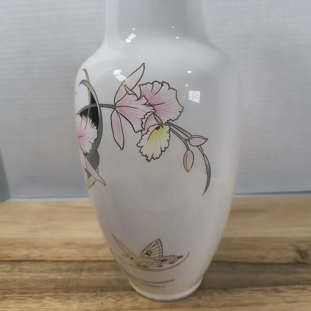 Vtg Fine China Japan White Vase Pink Cream Orchids Butterfly Gold Trim 10.5 ” H